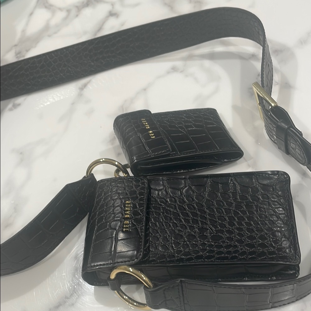 Black Croc-Embossed Belt Bag with Gold Accents